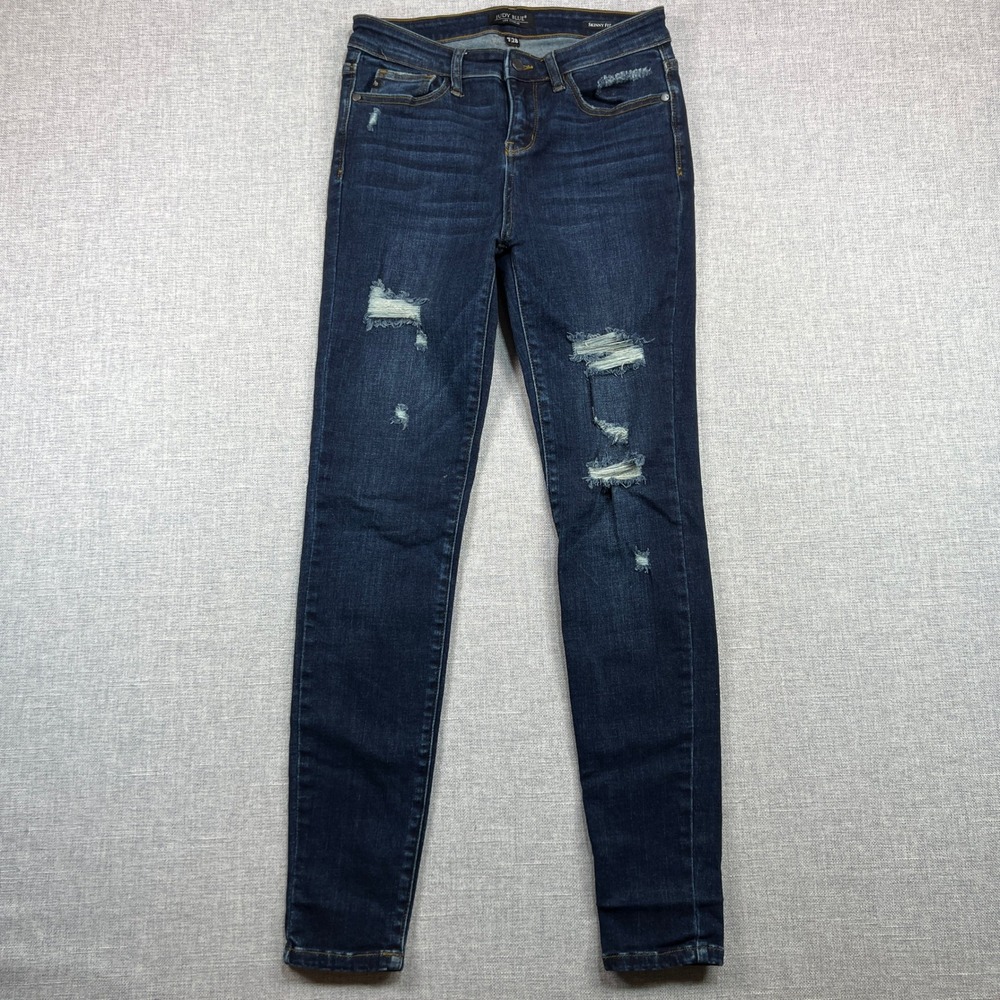 Judy Blue Women's 7/29 Distressed Skinny Jeans Dark Wash Stretch Denim High Rise